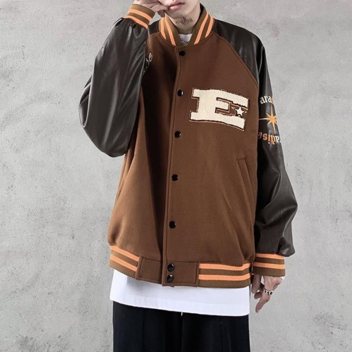 スタジャン 袖切替ワッペン付き茶色ベーススタジアムジャンパー