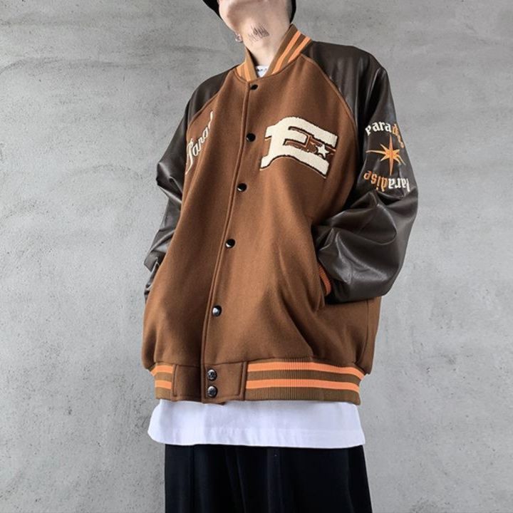 スタジャン 袖切替ワッペン付き茶色ベーススタジアムジャンパー