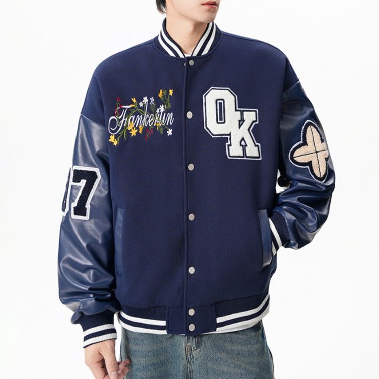 スタジャン 文字刺繍入り袖切替青ベーススタジアムジャンパー