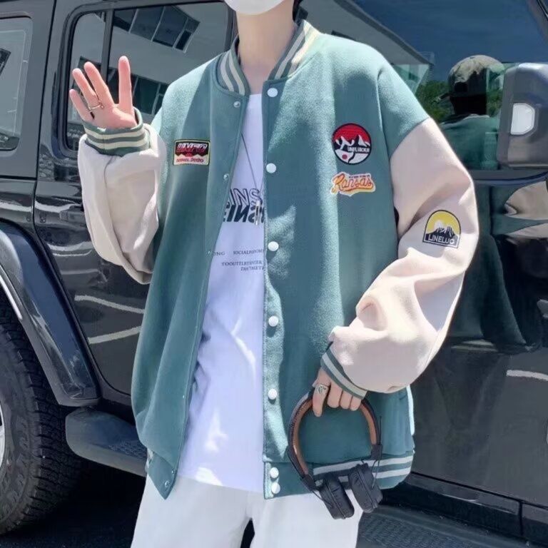 スタジャン マルチワッペン付き配色切替緑ベーススタジアムジャンパー