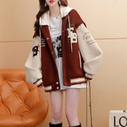 スタジャン フード付きバイカラー刺繍入りスタジアムジャンパー 赤