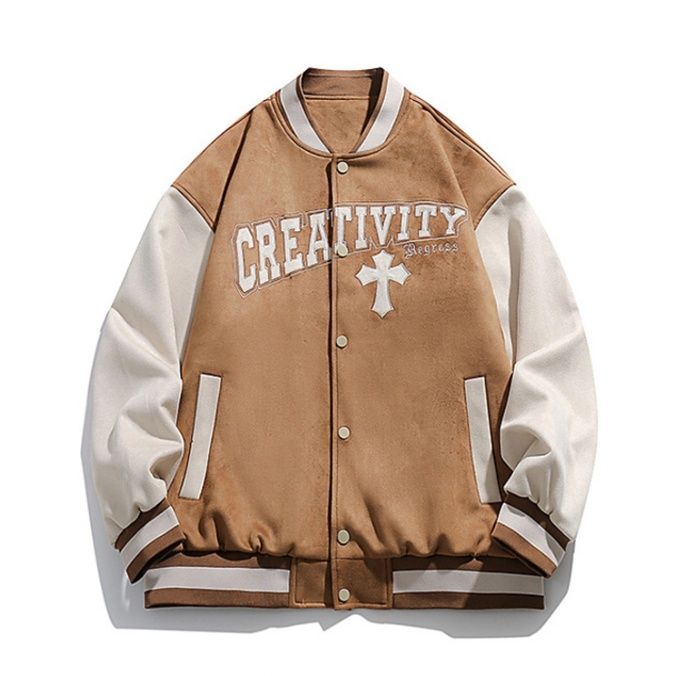 茶色 レトロ刺繍入りバイカラー袖切替スタジャン