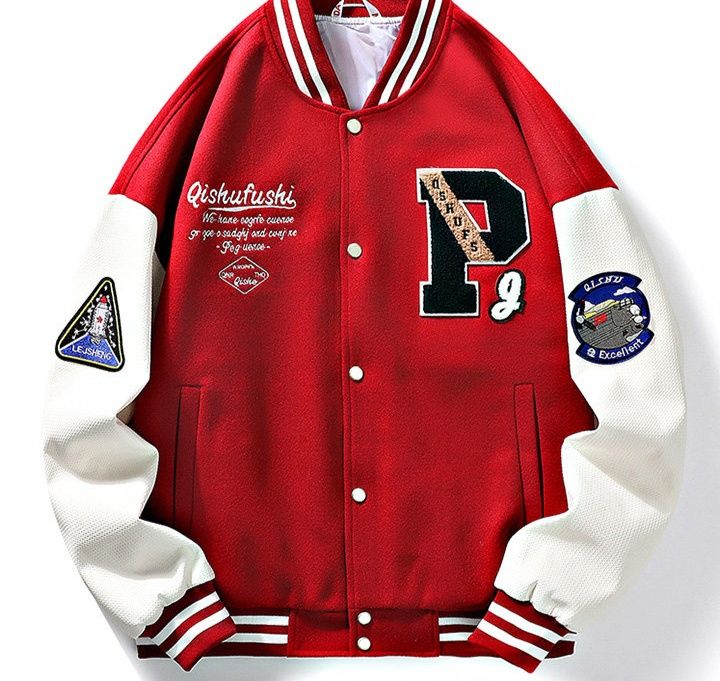 スタジャン 刺繍ワッペン付きカレッジ風赤スタジアムジャンパー