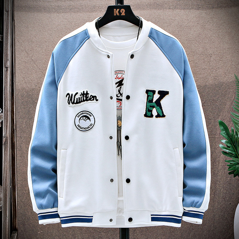 スタジャン 刺繍ワッペン付きラグランスリーブスタジアム青ジャンパー