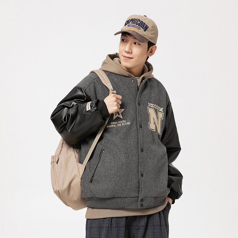 男女兼用刺繍入り合皮袖スタジャン秋冬新作