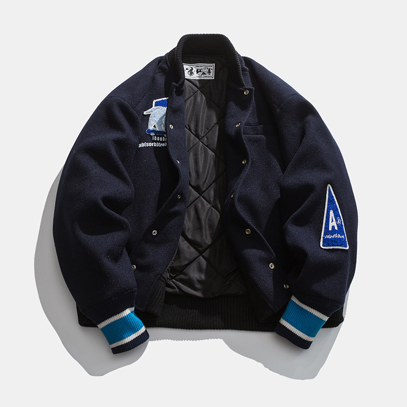 刺繍ワッペン付きスタジャン男女兼用ネイビー秋冬