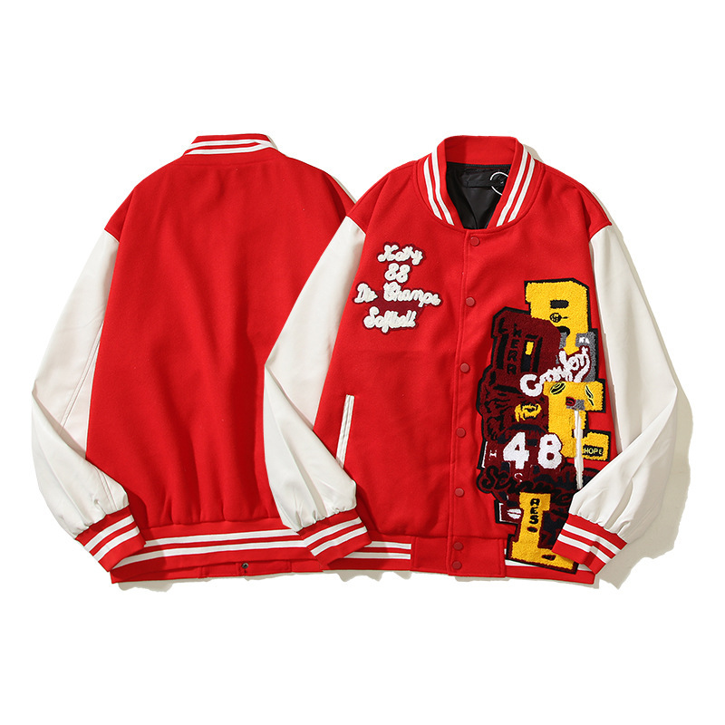 スタジャン ナンバリング刺繍入りバイカラー赤スタジアムジャンパー 赤