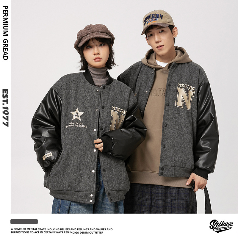 男女兼用刺繍入り合皮袖スタジャン秋冬新作