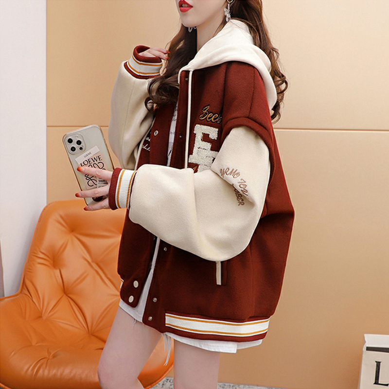 スタジャン フード付きバイカラー刺繍入りスタジアムジャンパー 赤 赤