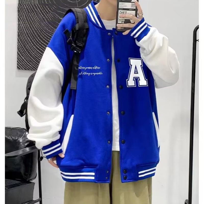 スタジャン 大きめ英字ワッペン付きカレッジ風青スタジャン