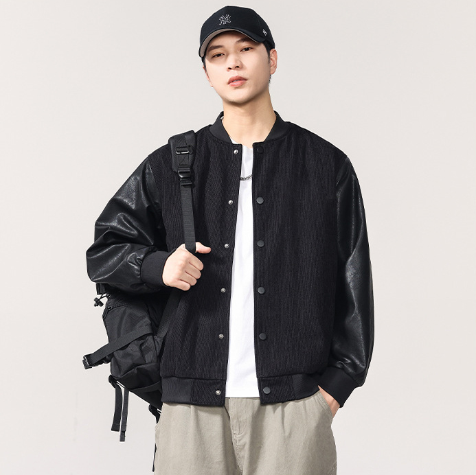男女兼用合皮袖スタジャン秋冬新作ブラック
