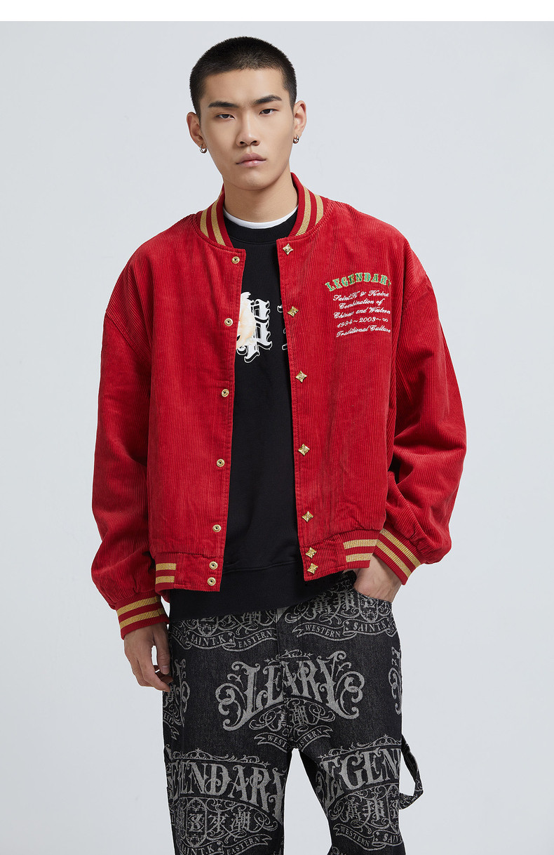 スタジャン赤伝説刺繍入りコーデュロイスタジャン