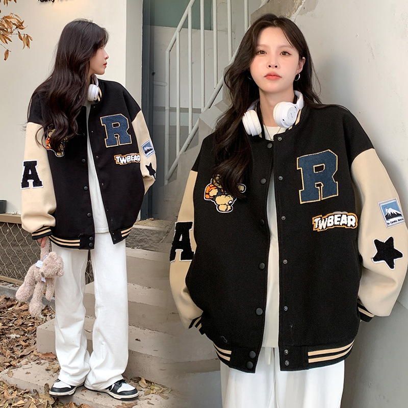 スタジャン ワッペン付きレトロ学院風ジャケット