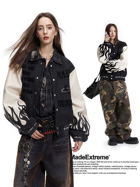 黒×白 炎柄袖 スタジャン 男女兼用 刺繍入り ストリート系