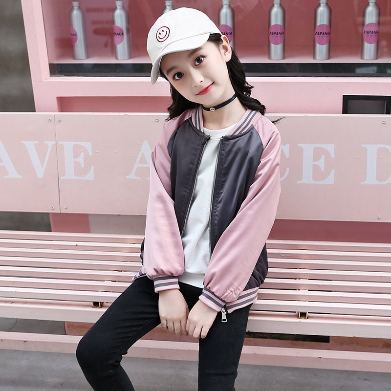 女の子用ピンク配色スタジャン キッズジュニア春秋長袖