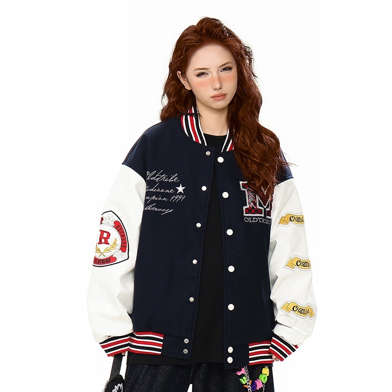 刺繍ワッペン付きスタジャン 男女兼用 紺白 秋冬新作