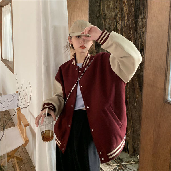 スタジャン 配色切替袖ラインリブスタジアムジャンパー　赤