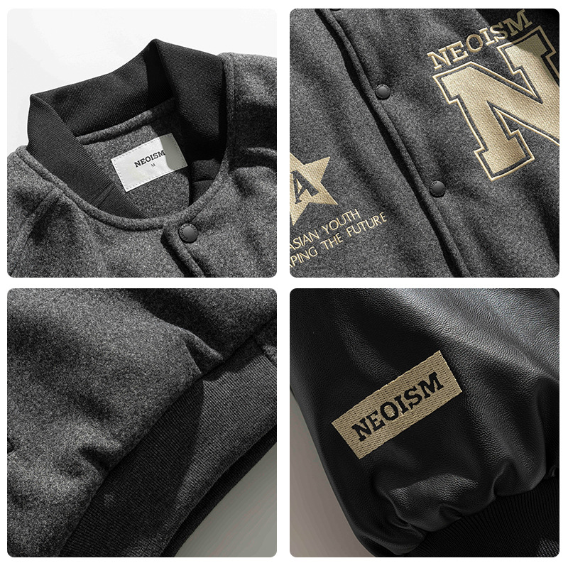 男女兼用刺繍入り合皮袖スタジャン秋冬新作