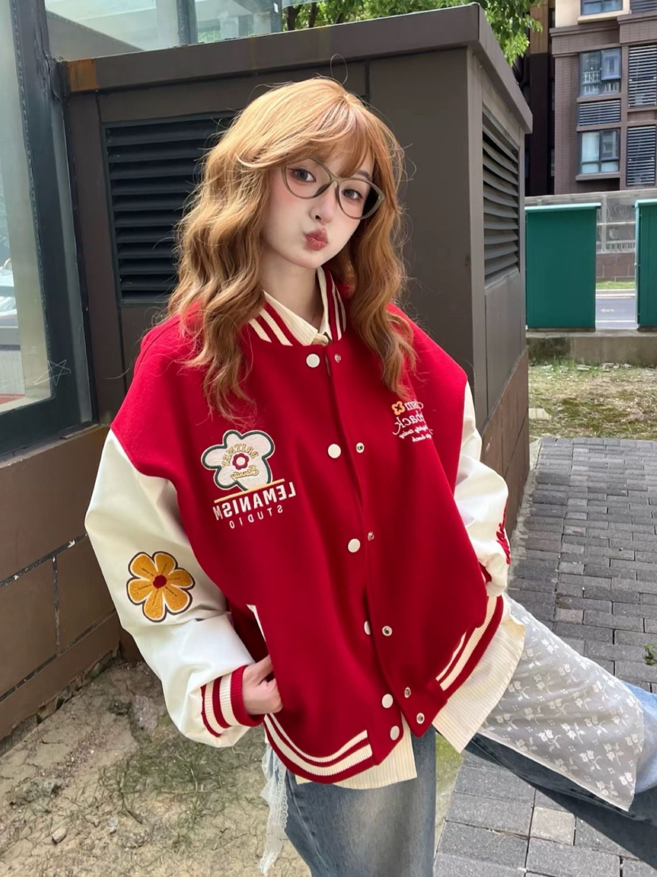 スタジャン レトロ文字刺繍入りゆったりシルエットジャケット ピンク