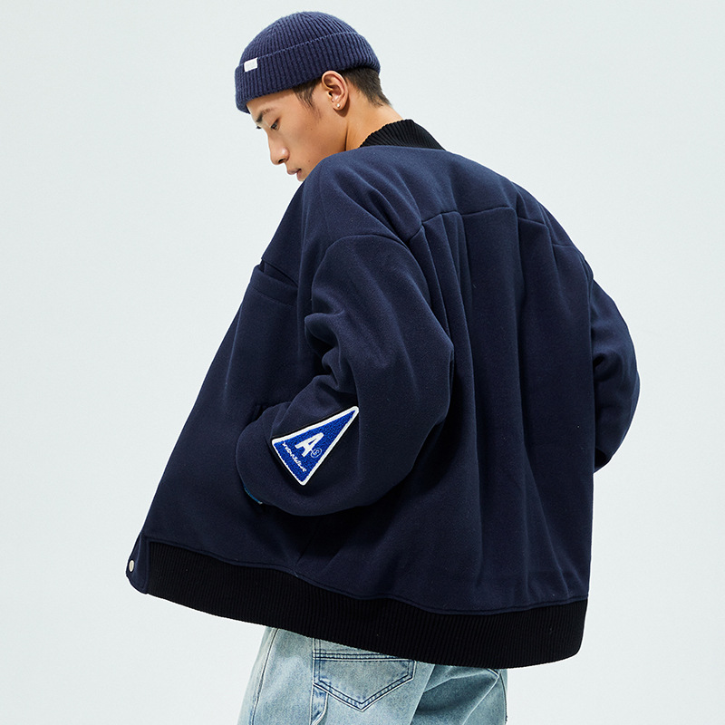 刺繍ワッペン付きスタジャン男女兼用ネイビー秋冬