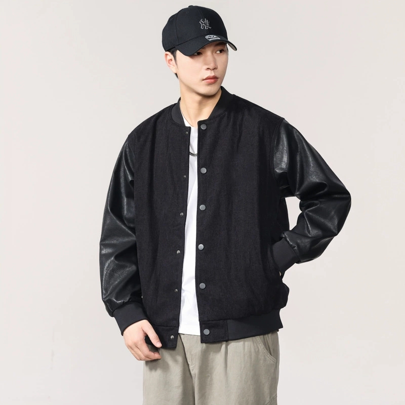 男女兼用合皮袖スタジャン秋冬新作ブラック