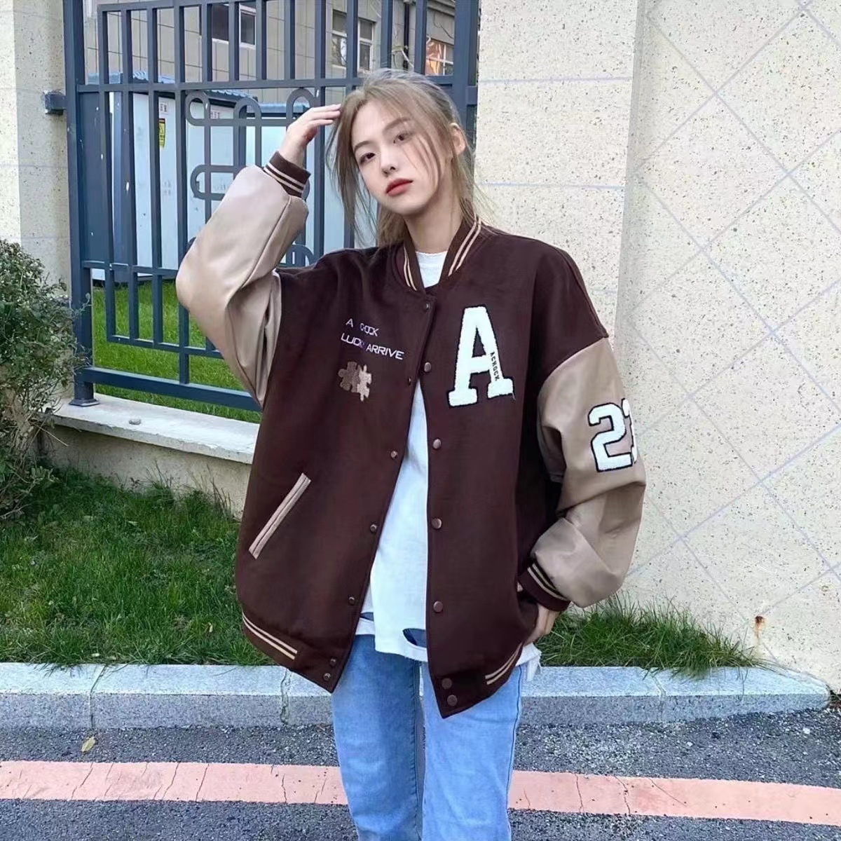 スタジャン 配色切替刺繍ロゴ入りスタジアムジャンパー 青 青