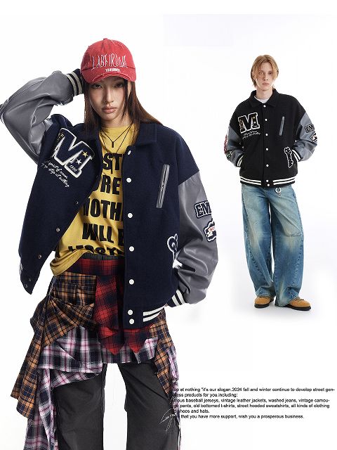 刺繍入り男女兼用スタジャン黒灰色袖切り替えデザイン