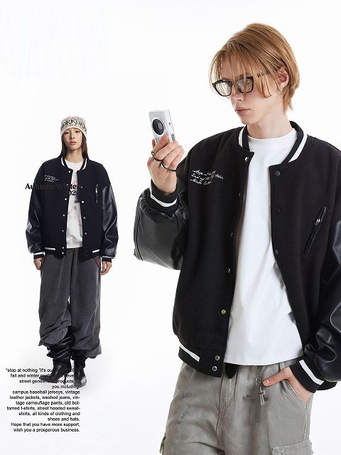 袖革切替スタジャン 男女兼用 刺繍デザイン 秋冬新作