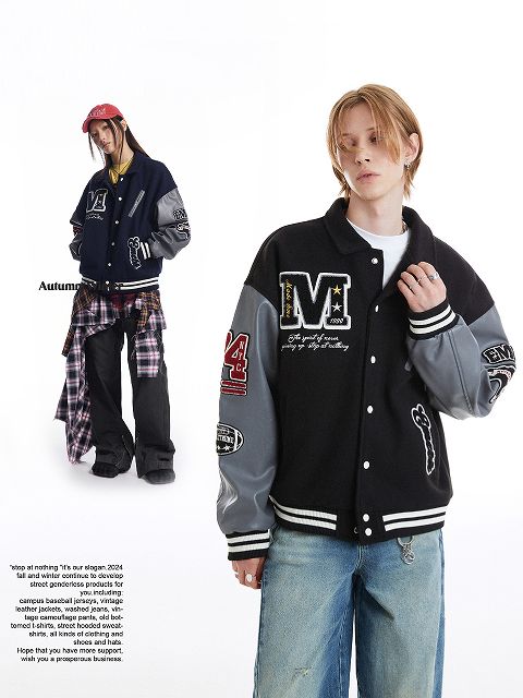 刺繍入り男女兼用スタジャン黒灰色袖切り替えデザイン