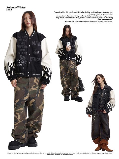 黒×白 炎柄袖 スタジャン 男女兼用 刺繍入り ストリート系