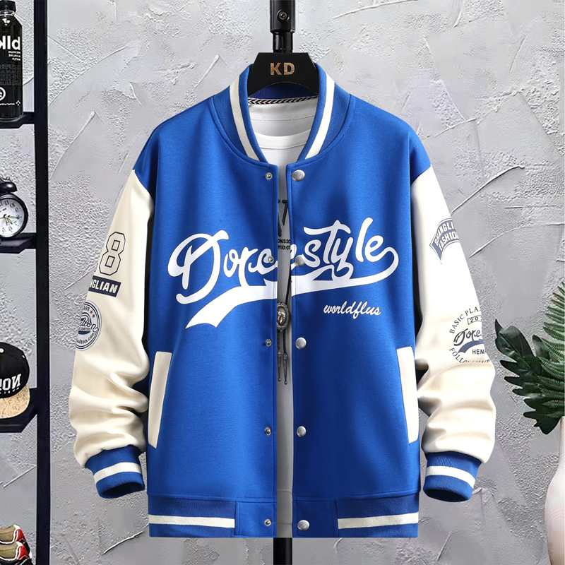 スタジャン ロゴ刺繍入りバイカラー袖切替青スタジアムジャンパー