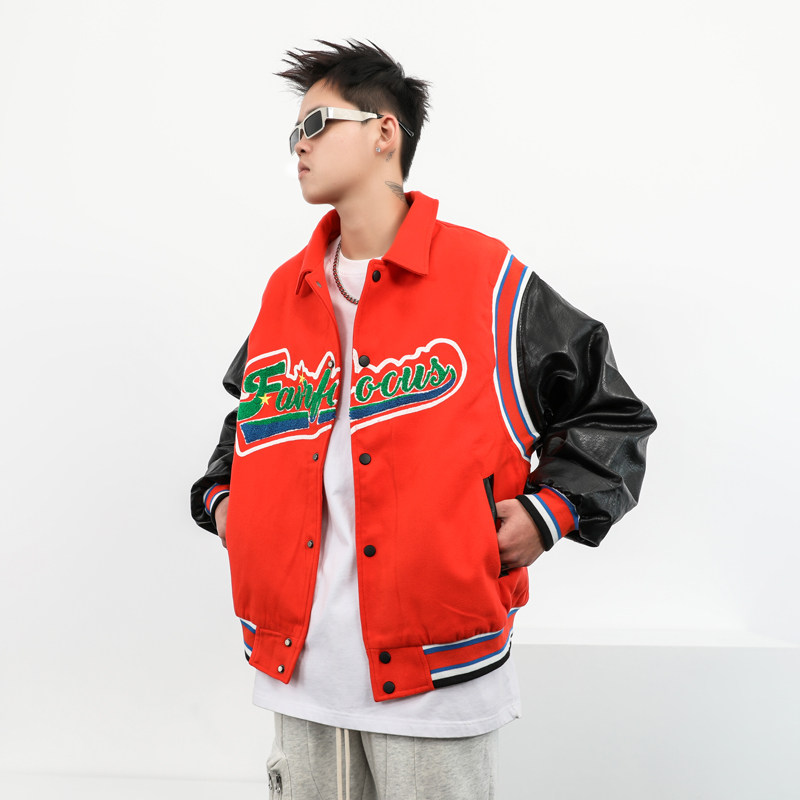 スタジャン赤 個性派刺繍デザイン切替袖スタジアムジャンパー