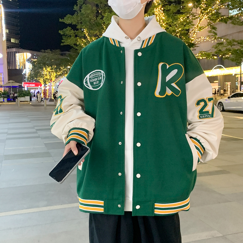 スタジャン 大文字刺繍入りバイカラー袖切替スタジアムジャンパー 緑