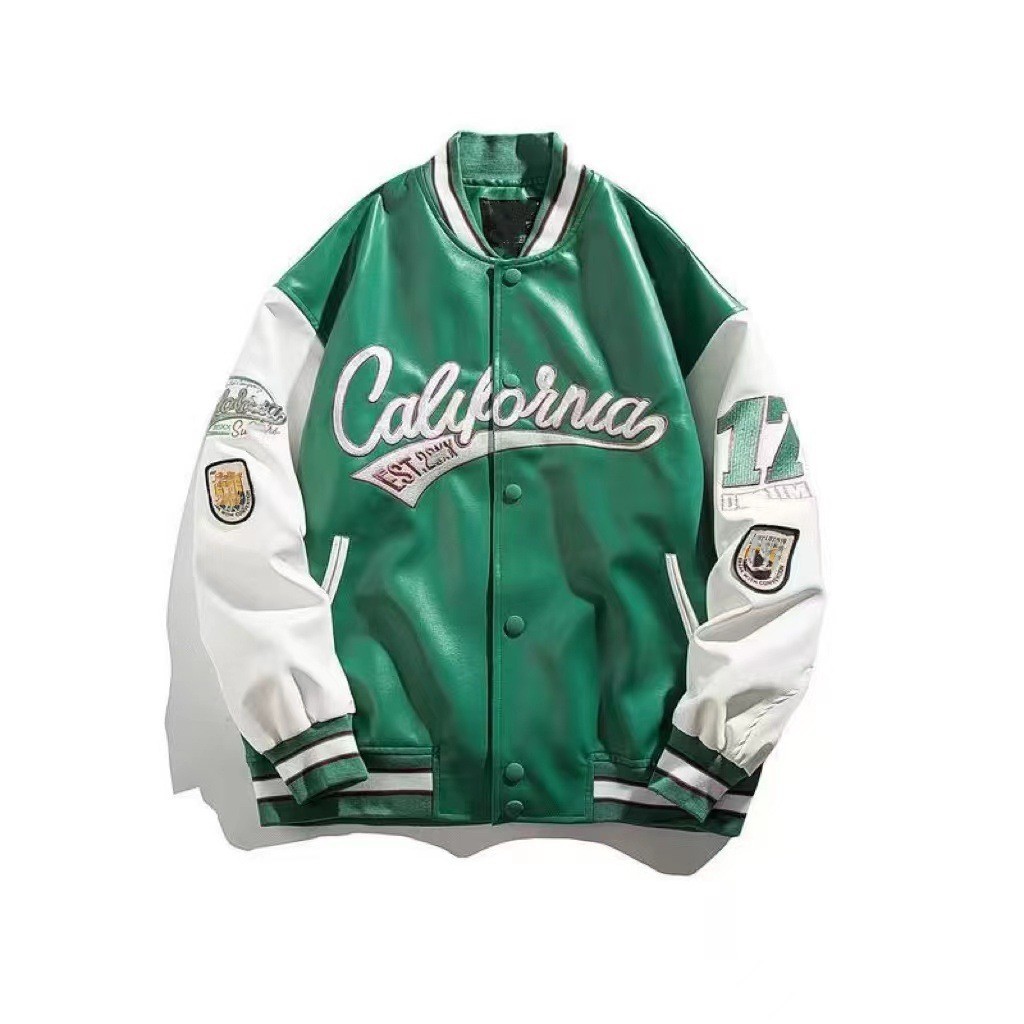 スタジャン カレッジロゴ刺繍入り袖切替緑スタジアムジャンパー