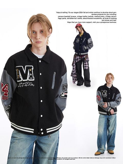 刺繍入り男女兼用スタジャン黒灰色袖切り替えデザイン