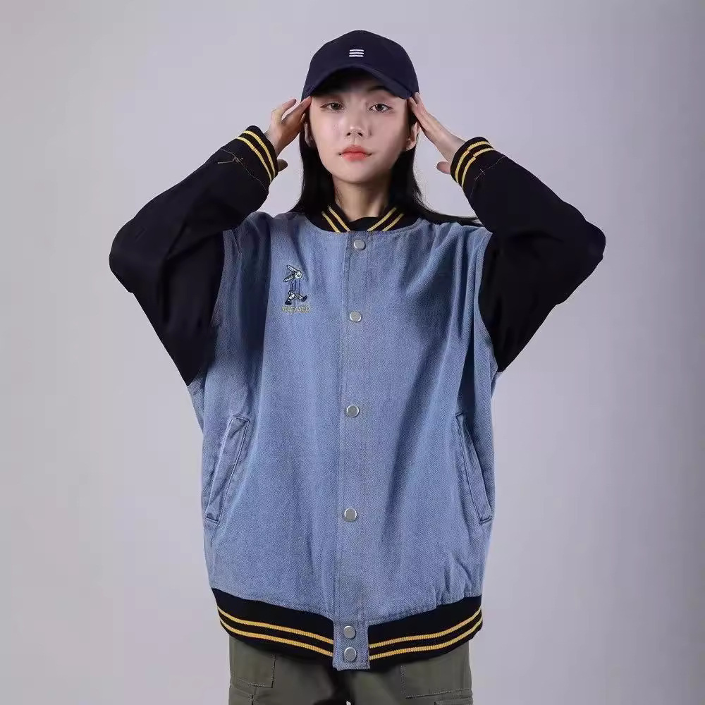 スタジャン くまさん刺繍バイカラージャケット 青|スタジャン専門通販