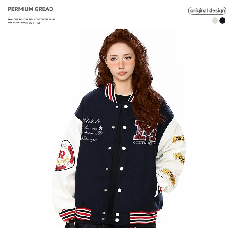 刺繍ワッペン付きスタジャン 男女兼用 紺白 秋冬新作