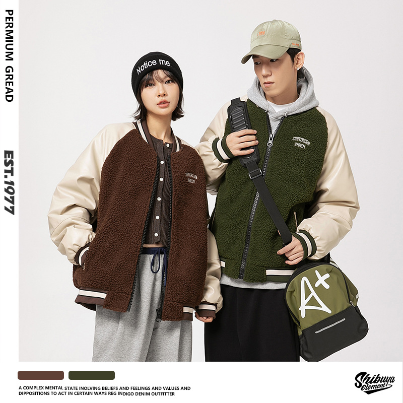 男女兼用 ボア素材 スタジャン 刺繍入り 秋冬 全2色