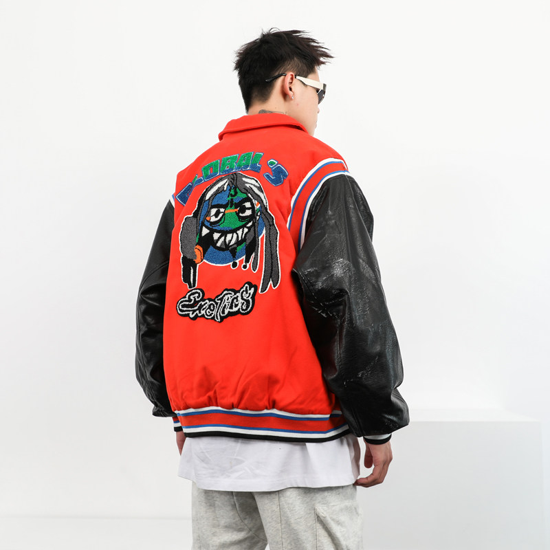 スタジャン赤 個性派刺繍デザイン切替袖スタジアムジャンパー