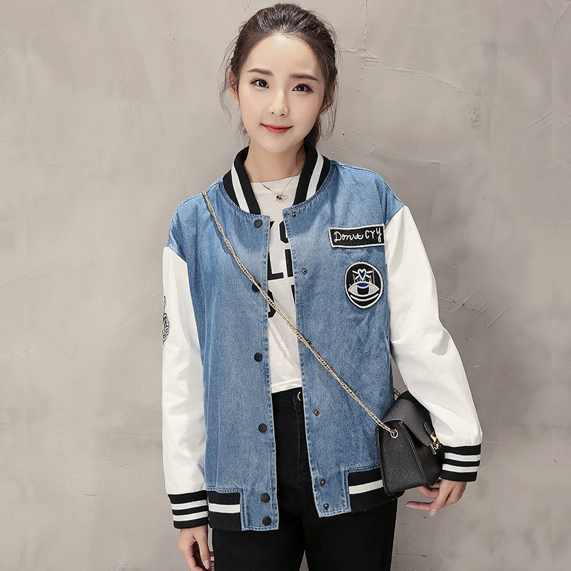 スタジャン デニム切替バイカラー刺繍ワッペン付きスタジアムジャンパー　青