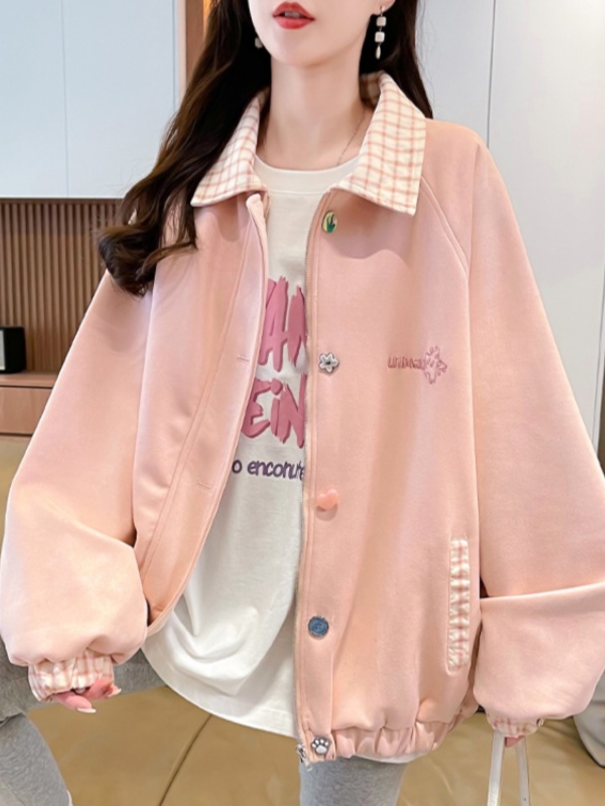 スタジャン 優しさ包む格子柄襟スタジャン