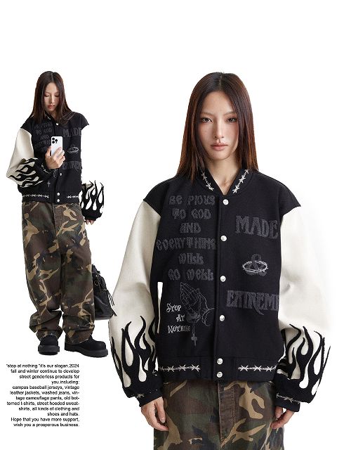 黒×白 炎柄袖 スタジャン 男女兼用 刺繍入り ストリート系