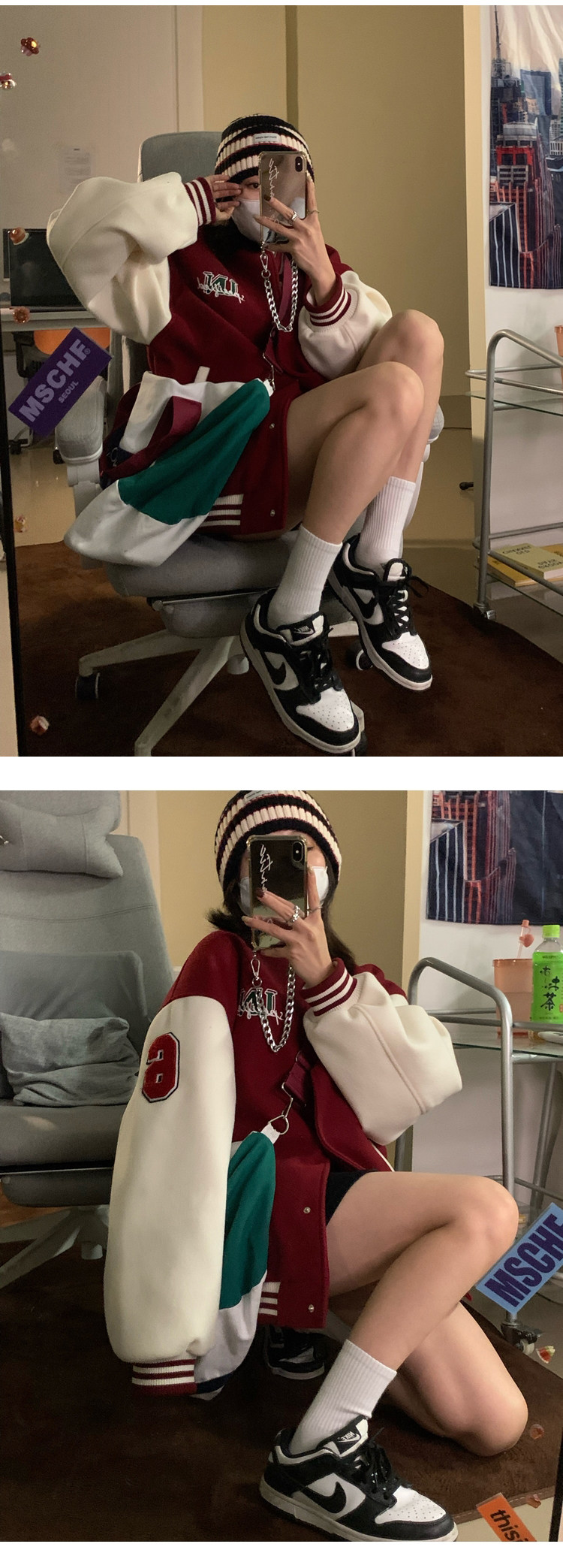 スタジャン赤 カレッジ風刺繍入りバイカラー袖