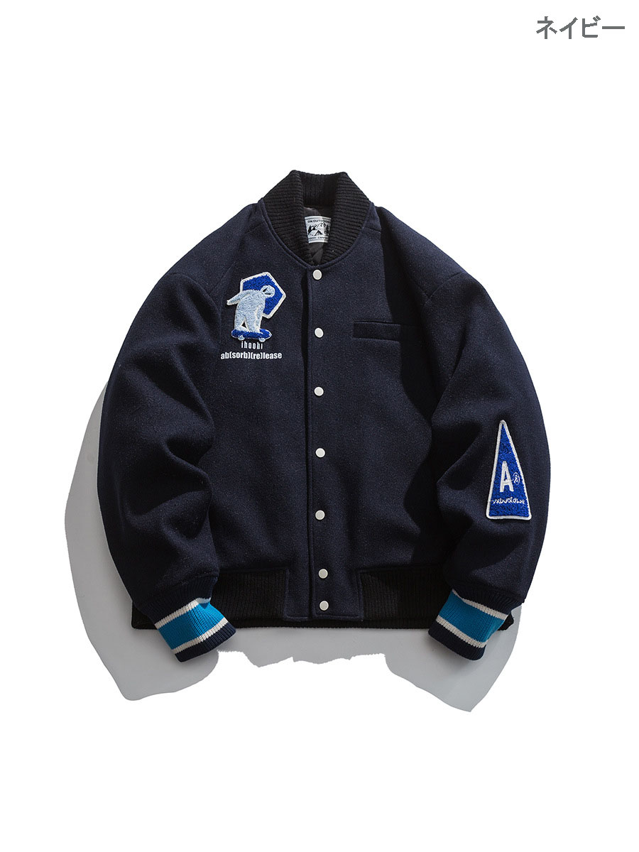 刺繍ワッペン付きスタジャン男女兼用ネイビー秋冬