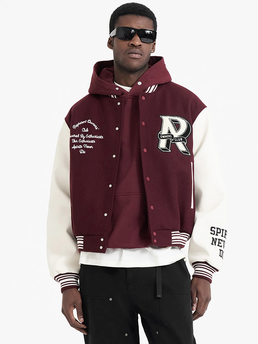 スタジャン 大胆なロゴ刺繍入りバイカラー袖スタジャン