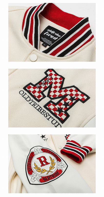 刺繍ワッペン付きスタジャン 男女兼用 紺白 秋冬新作