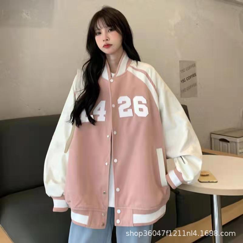 スタジャン ナンバリング刺繍入りゆったりシルエット ピンク