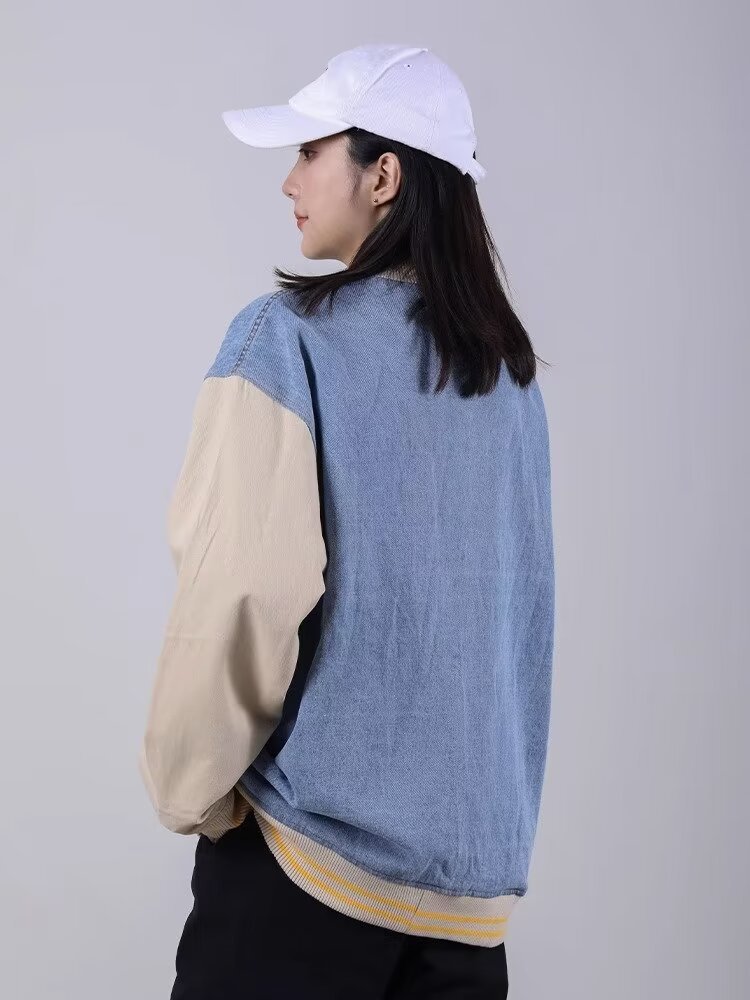 スタジャン デニム風切替袖刺繍入りスタジアムジャンパー 青 青