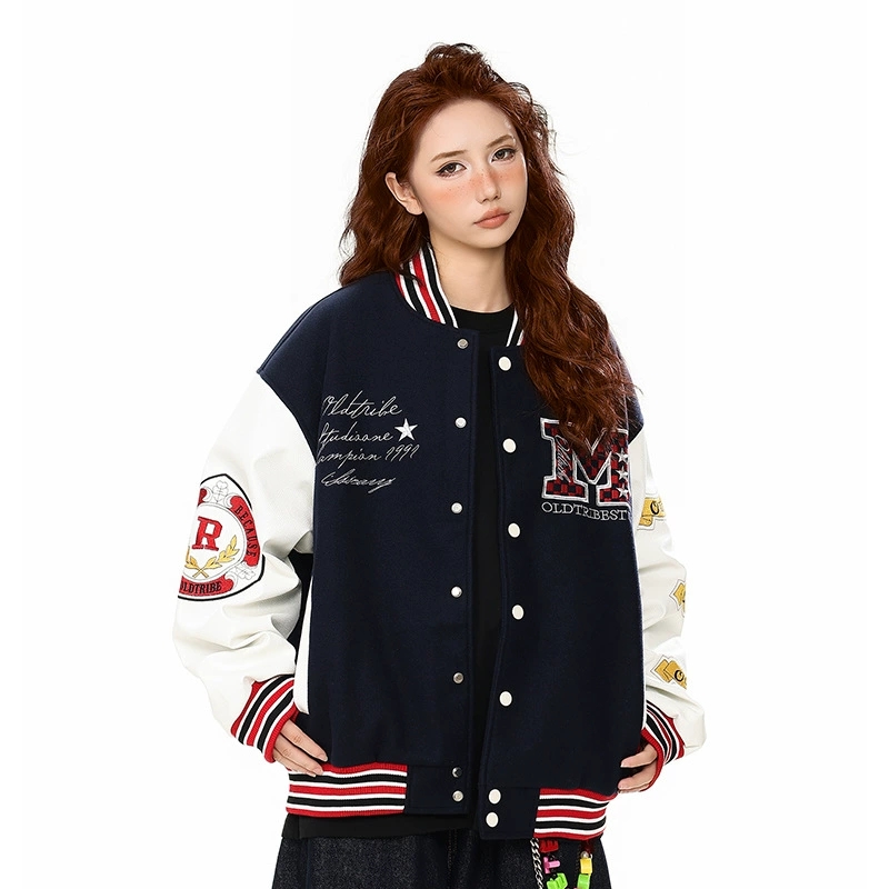 刺繍ワッペン付きスタジャン 男女兼用 紺白 秋冬新作