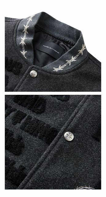 黒×白 炎柄袖 スタジャン 男女兼用 刺繍入り ストリート系